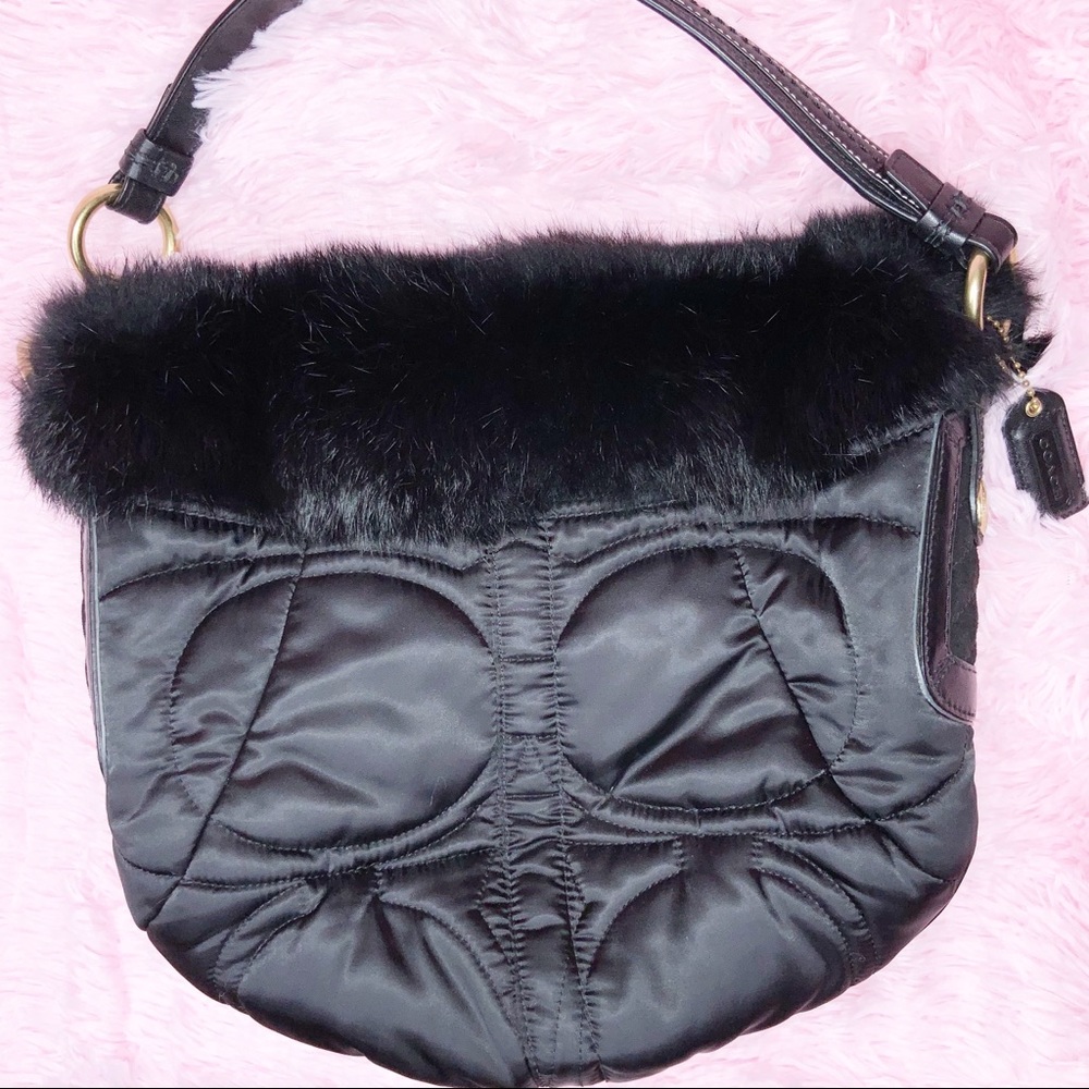 COACH SATIN SIGNATURE HOBO RABBIT FUR TRIM BAG